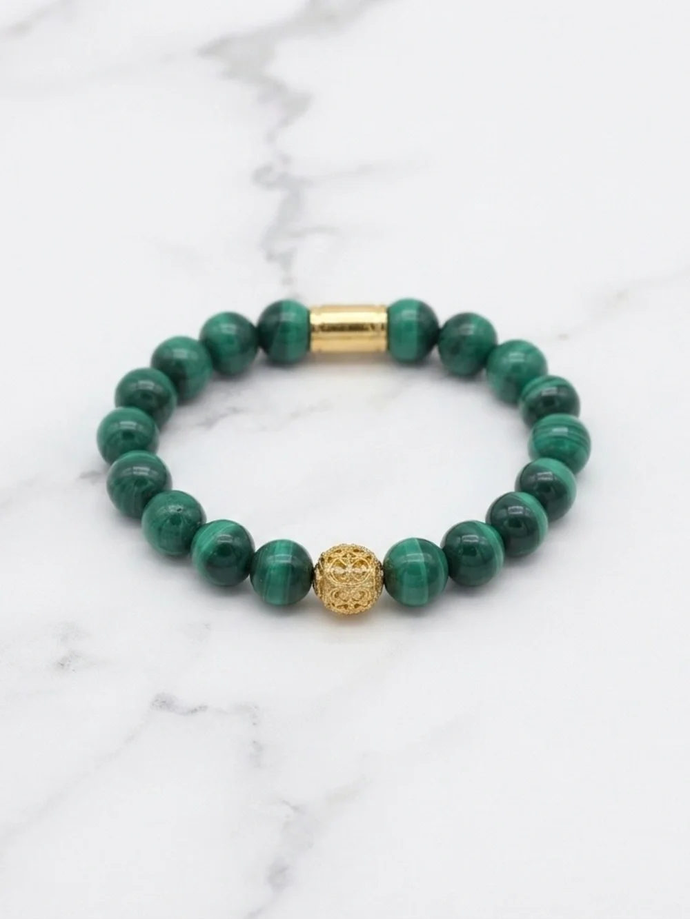 Altius Malachite & Gold Plated Ethiopian Bead Bracelet 10mm Handmade Stretch 7